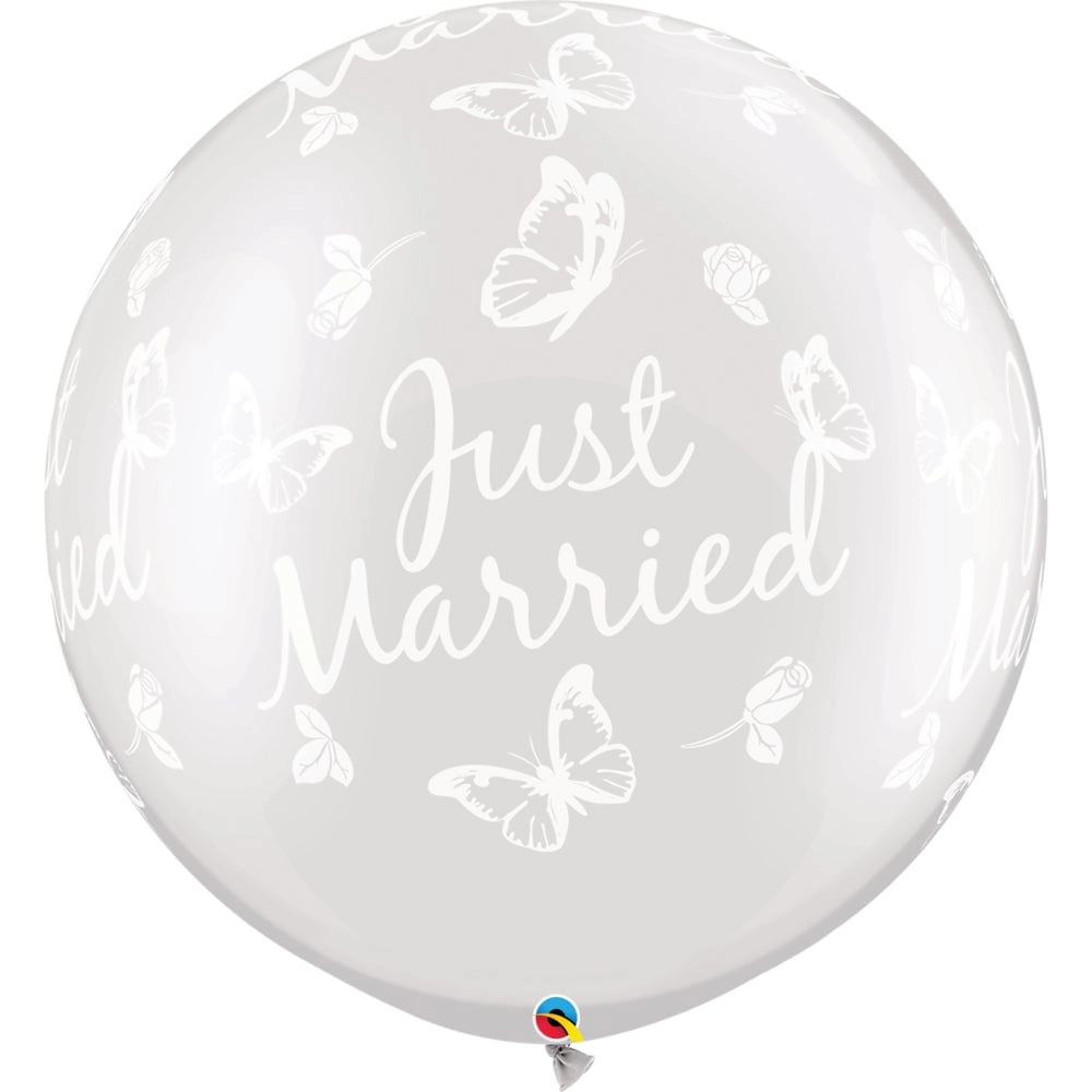 Qualatex Just Married Butterflies Latex Balloon - 30 Inch Pearl White