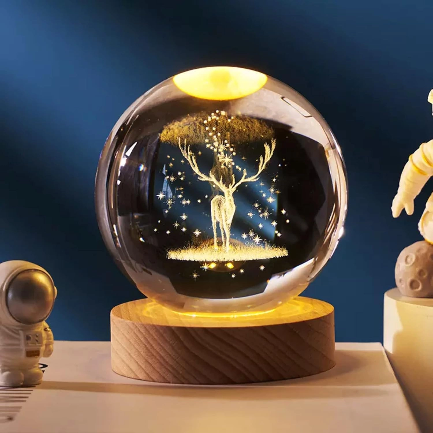 X4Cart Indore 452010, sales@x4cart.com, X4Cart, Indore 3D Engraved Deer Crystal Globe Lamp - Warm White USB Wooden Base