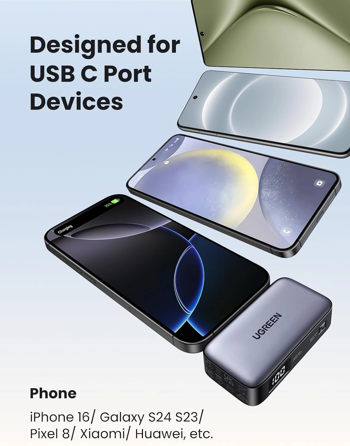 Uno - 5000 mAh 20W PD Fast Charging for Devices Supporting Qi Wireless Charging/USB-C Single USB-C (I/O Charging)