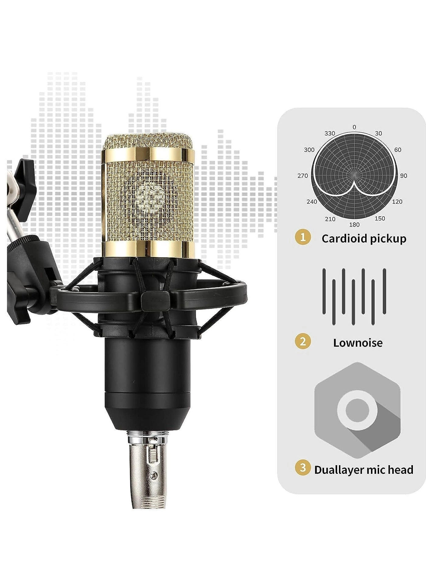 Microphone + Microphone Cable + Microphone Covers + Microphone Stand + Shock Mount + Double Layer Acoustic Filter + Live Sound Card + USB Cable + Audio Cables + Table Mount Clamp