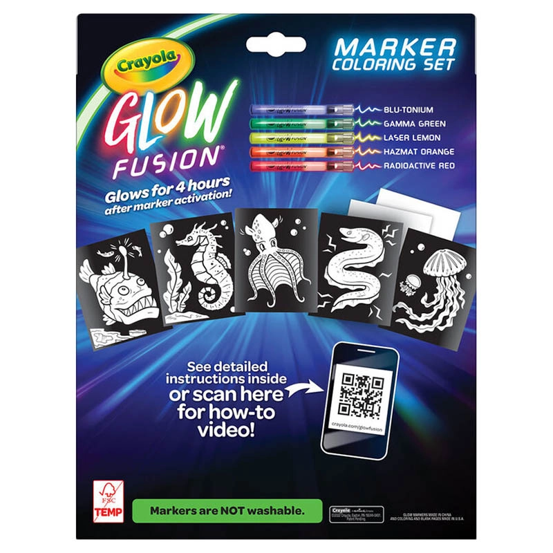Glow Fusion Marker Colouring Set - 5 pieces Red Orange Yellow Green Blue