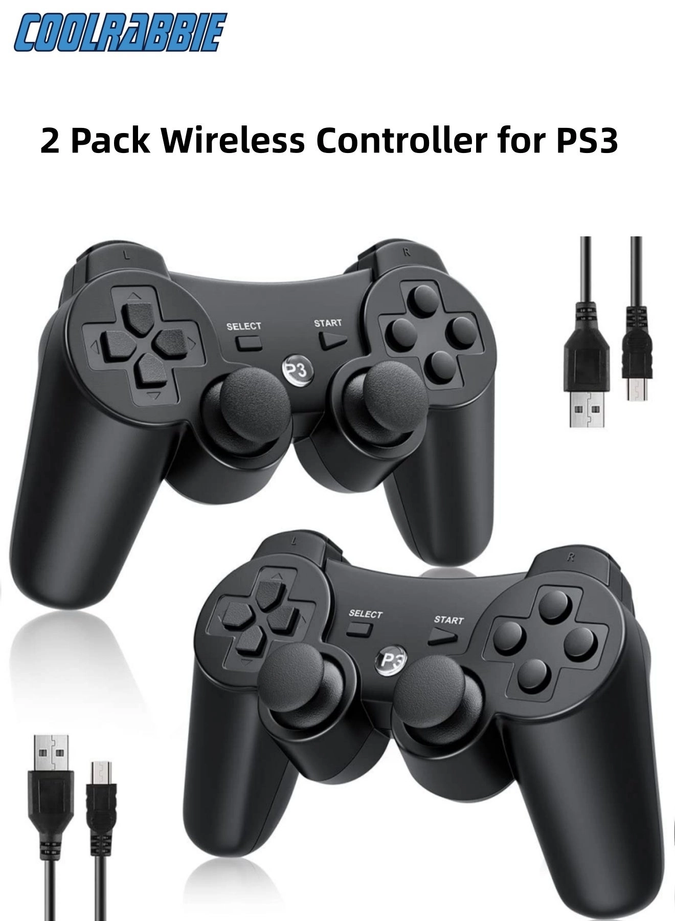 CoolRabbie Replacement Gaming Pad for PS3 Controller - 2 Black PlayStation 3 (PS3)