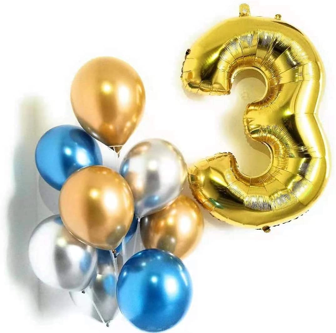 Party Time Trading LLC Number 3 Gold Foil Balloon - 16" + Latex Balloons - Pack of 9 + Ribbon