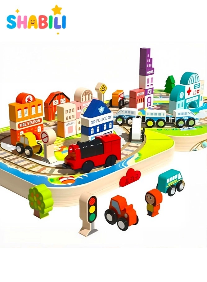 SHABILI Wooden Track Building Blocks City Playset - 3+ Years