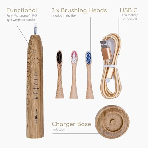 Sustainable Sonic Bamboo Electric Toothbrush - 3 Recyclable Heads 5 Cleaning Modes USB Type C Charger