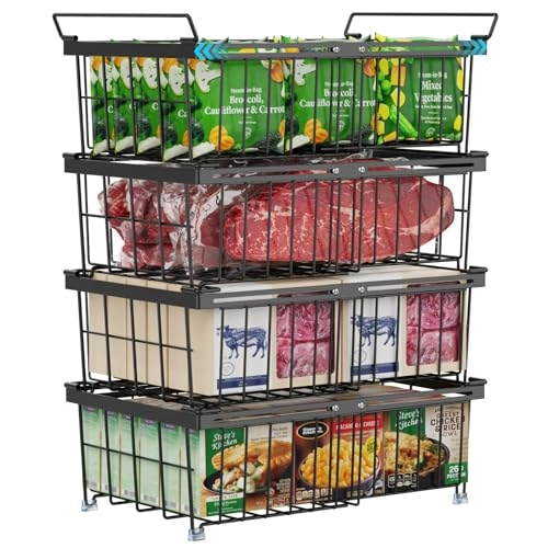 Freezer Organizer Bins - 4 Pack Adjustable Stackable Black