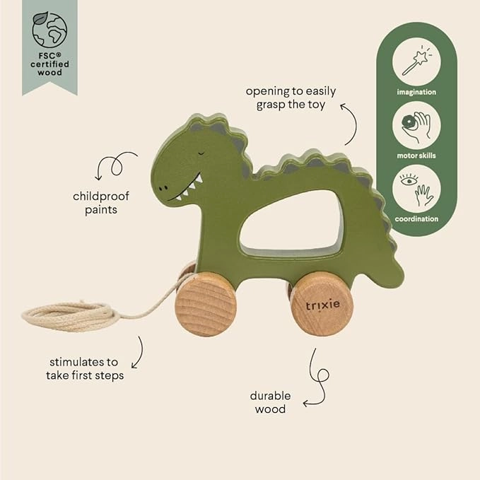 Wooden Pull Along Toy - Mr. Dino - Suitable for 18 months & above