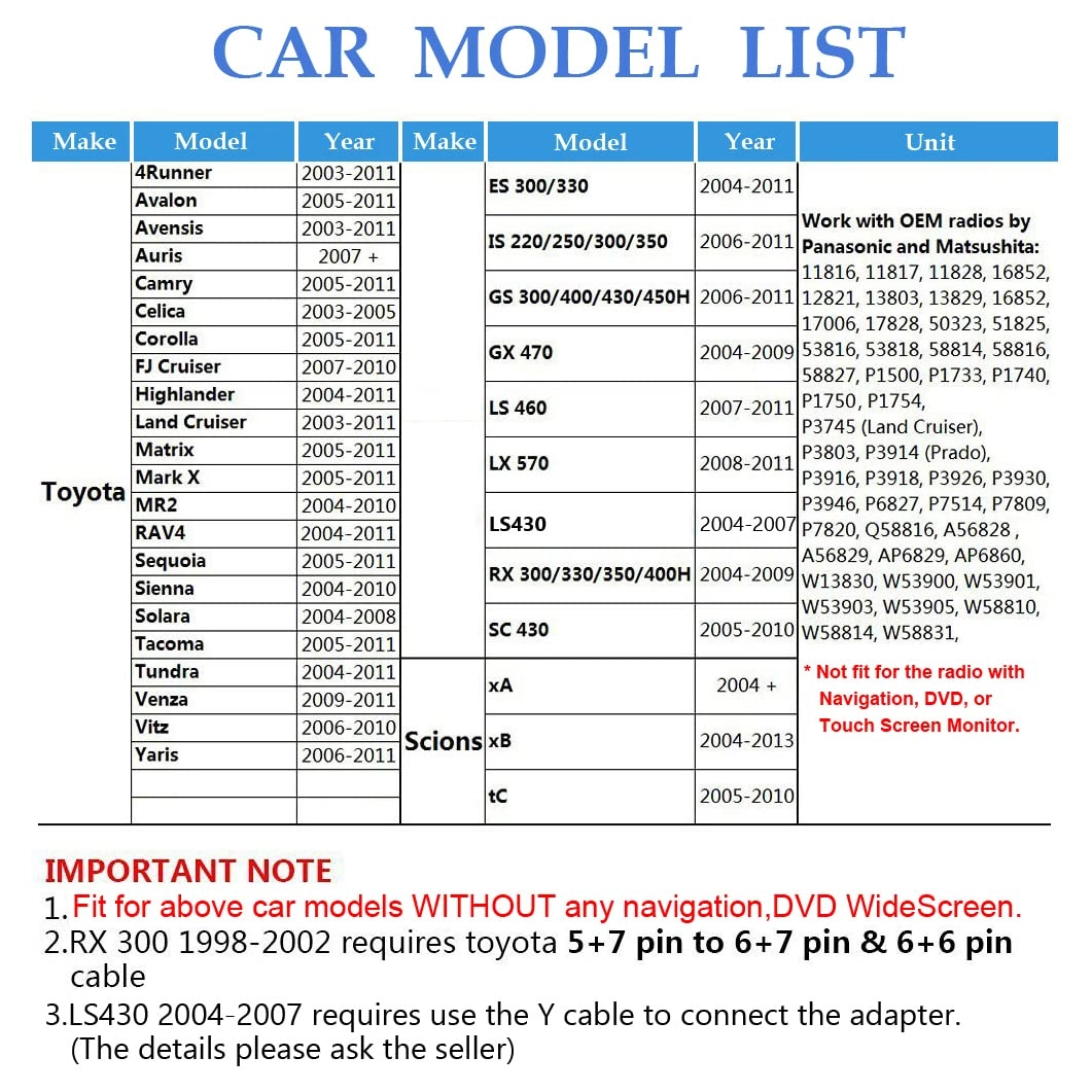 Car Auido AUX Input - Toyota Camry 2005-2011 Avensis 2003-2011 Corolla 2005-2011 Tacoma 2004-2008 RAV4 2004-2011