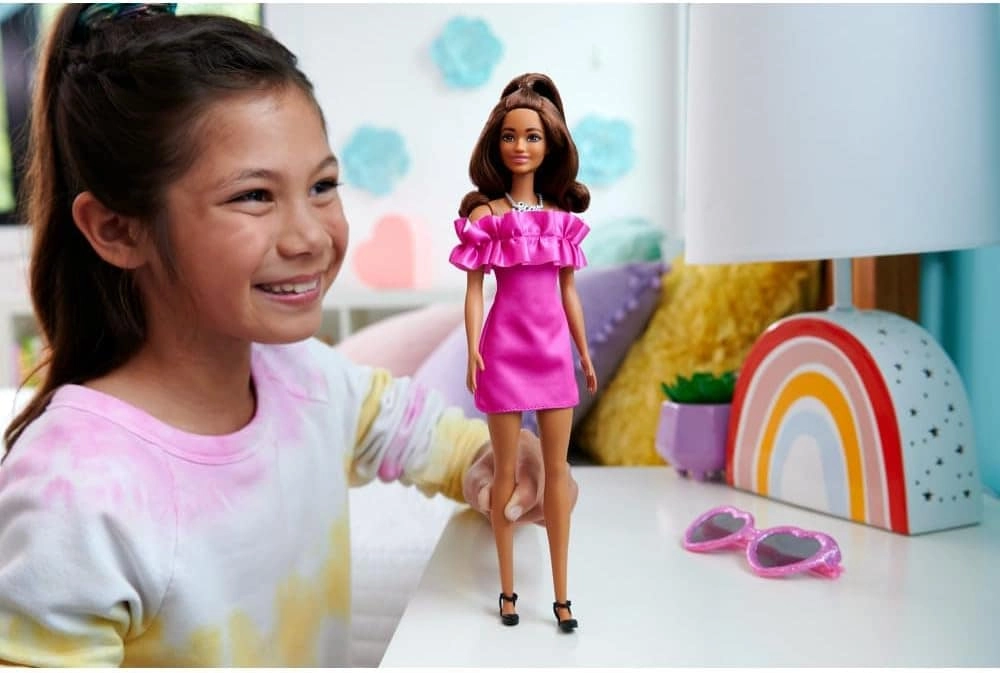 Barbie Fashionistas - #217 Brown Wavy Hair Pink Dress Ages 3+