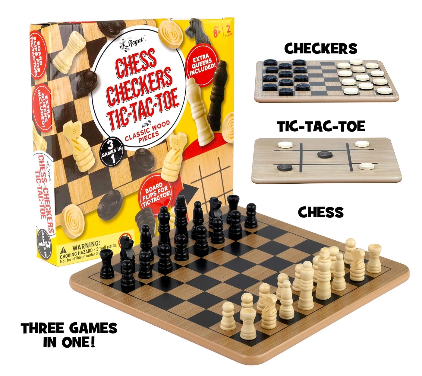 Reversible Wooden Board - Chess Checkers Tic-Tac-Toe