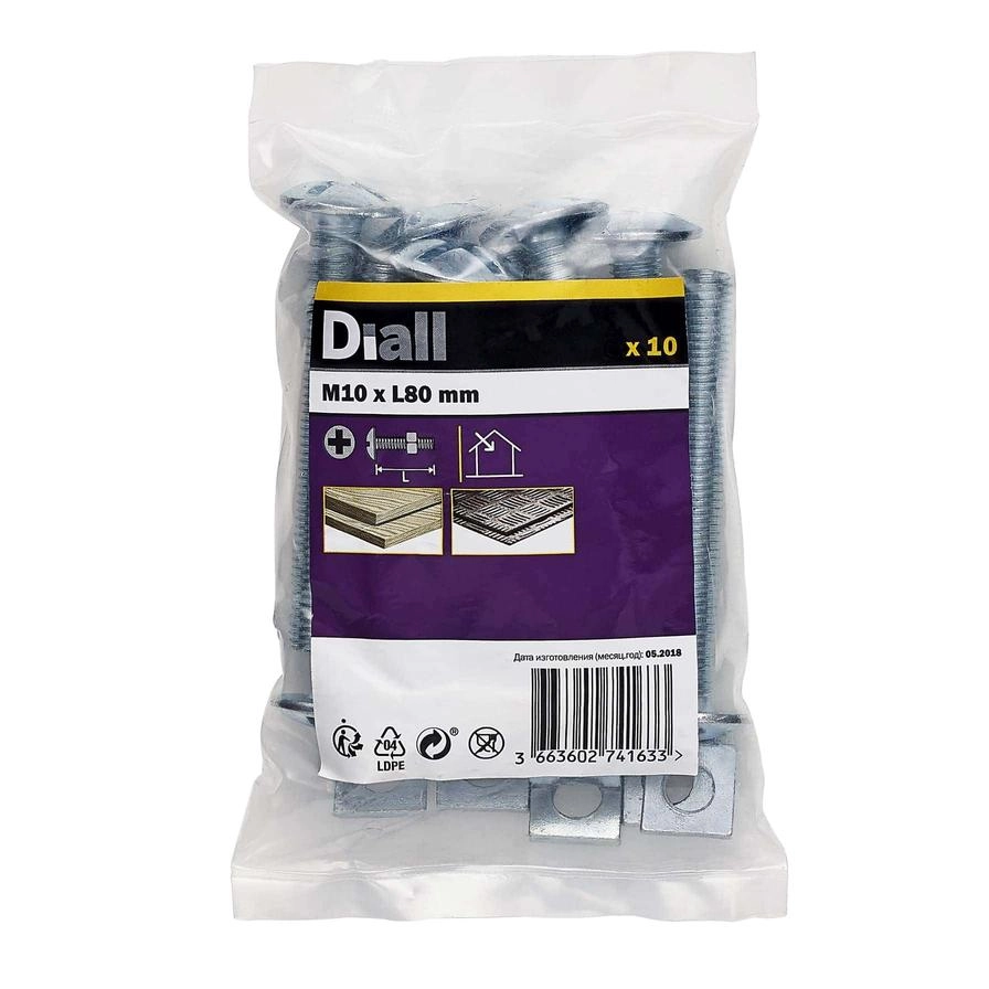 Diall Zinc-Plated Carbon Steel Roofing Square Nut & Bolt Pack 10mm 80mm