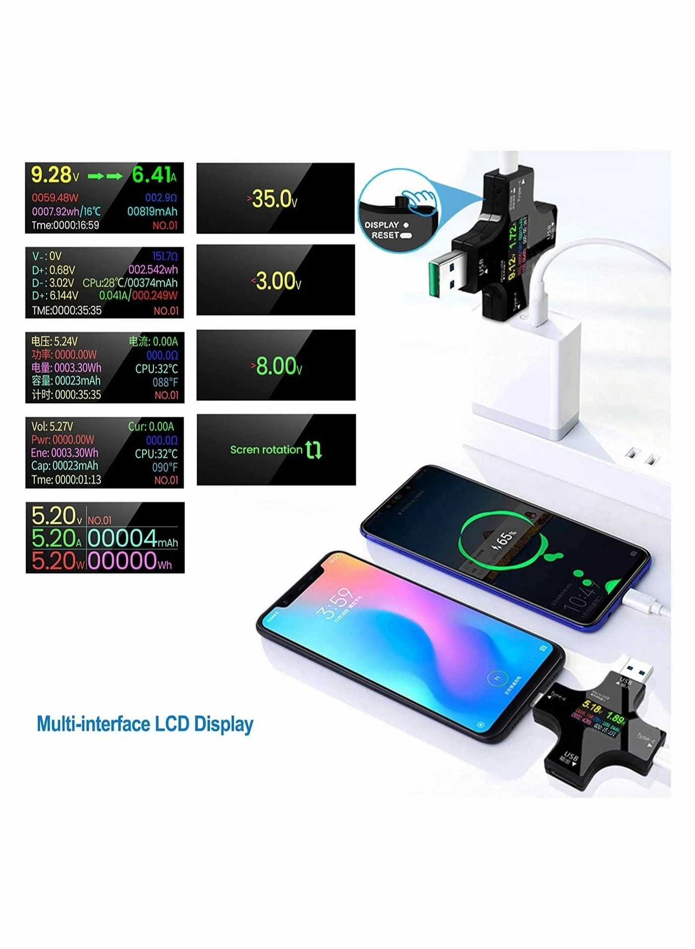 USB C Tester - 2 in 1 IPS Color Screen