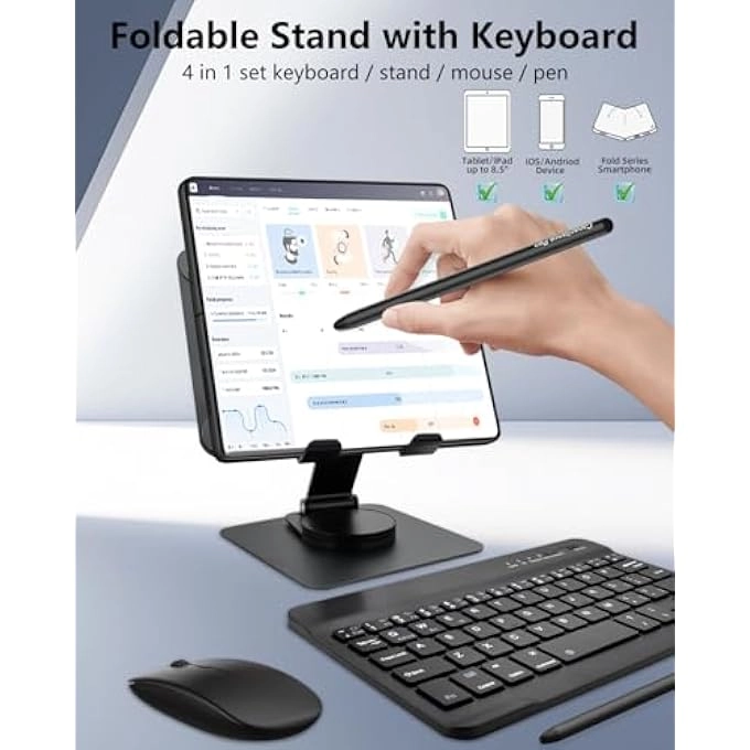 Bluetooth Wireless Keyboard - Mini Portable + Phone Stand Holder - Adjustable Foldable + Stylus Pen + Mouse