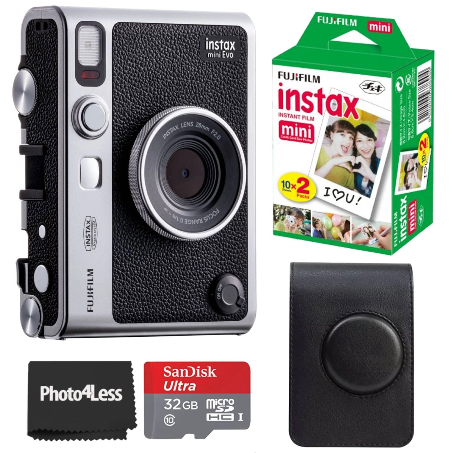 INSTAX Mini EVO - 2.4" x 1.8" + Instax Film - 20 Sheets + Custom Case + Album - MiniMate 96 slot + micro memory card - 32GB