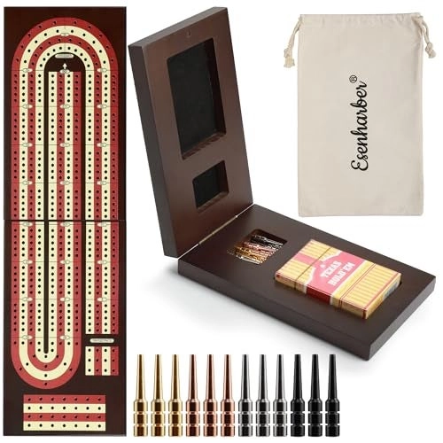ESENHARBER 4Track Cribbage Board - Foldable Solid Wood 12 Brass Pegs