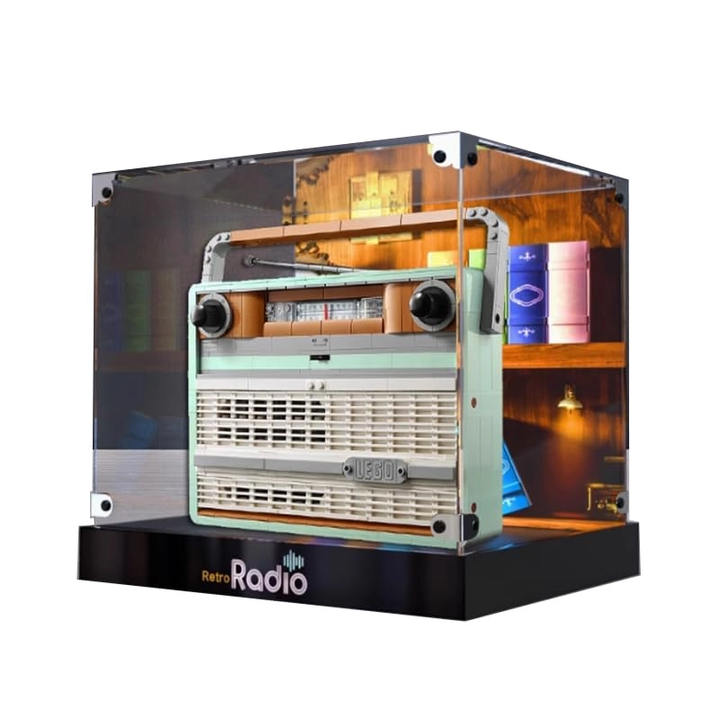 Clear Acrylic Display Case for Lego Icons 10334 - 25x15x30cm Acrylic Walnut Bottom+background