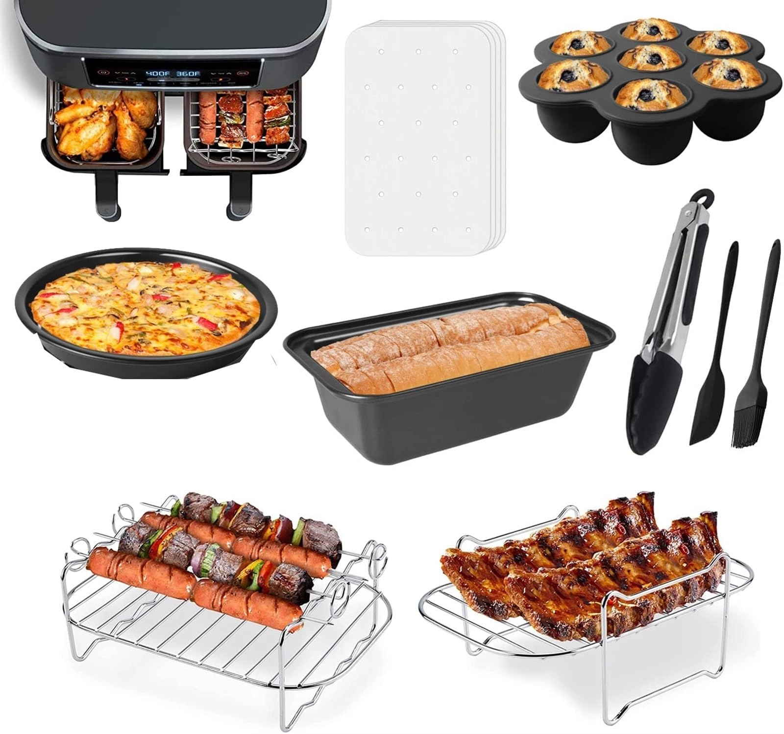THE WHITE SHOP Dual Basket Air Fryer Accessories - 304 stainless steel & food grade silicone 9PCS Set