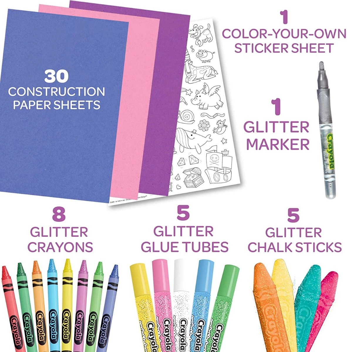 All That Glitters Art Case - 8 Glitter Crayons 5 Glitter Glue Tubes 5 Glitter Chalk Sticks 1 Glitter Marker 1 Color-Your-Own Sticker Sheet 30 Sheets of Construction Paper