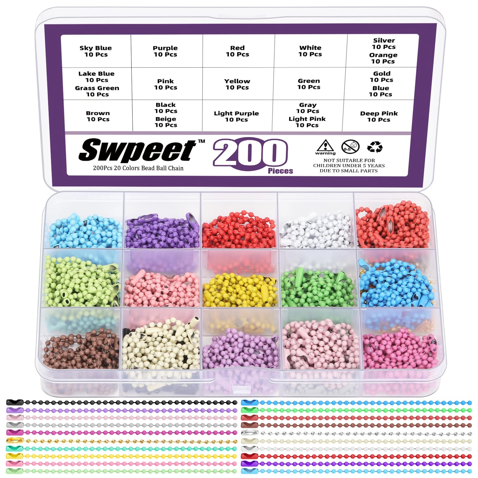 Swpeet Ball Bead Chain - 200Pcs 20 Colors