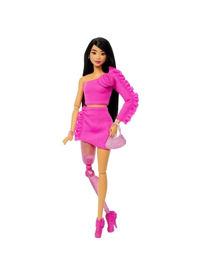 Barbie Deluxe Style Doll - Glittery Prosthetic Leg Black Hair Pink Top And Skirt Set Ages 4+