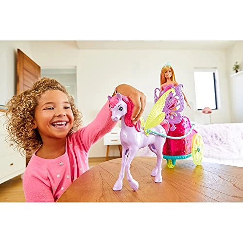 Barbie Dreamtopia Princess Doll - 11.5-in Blonde + Fantasy Horse - Translucent Yellow Wings + Chariot - Vibrant Pink