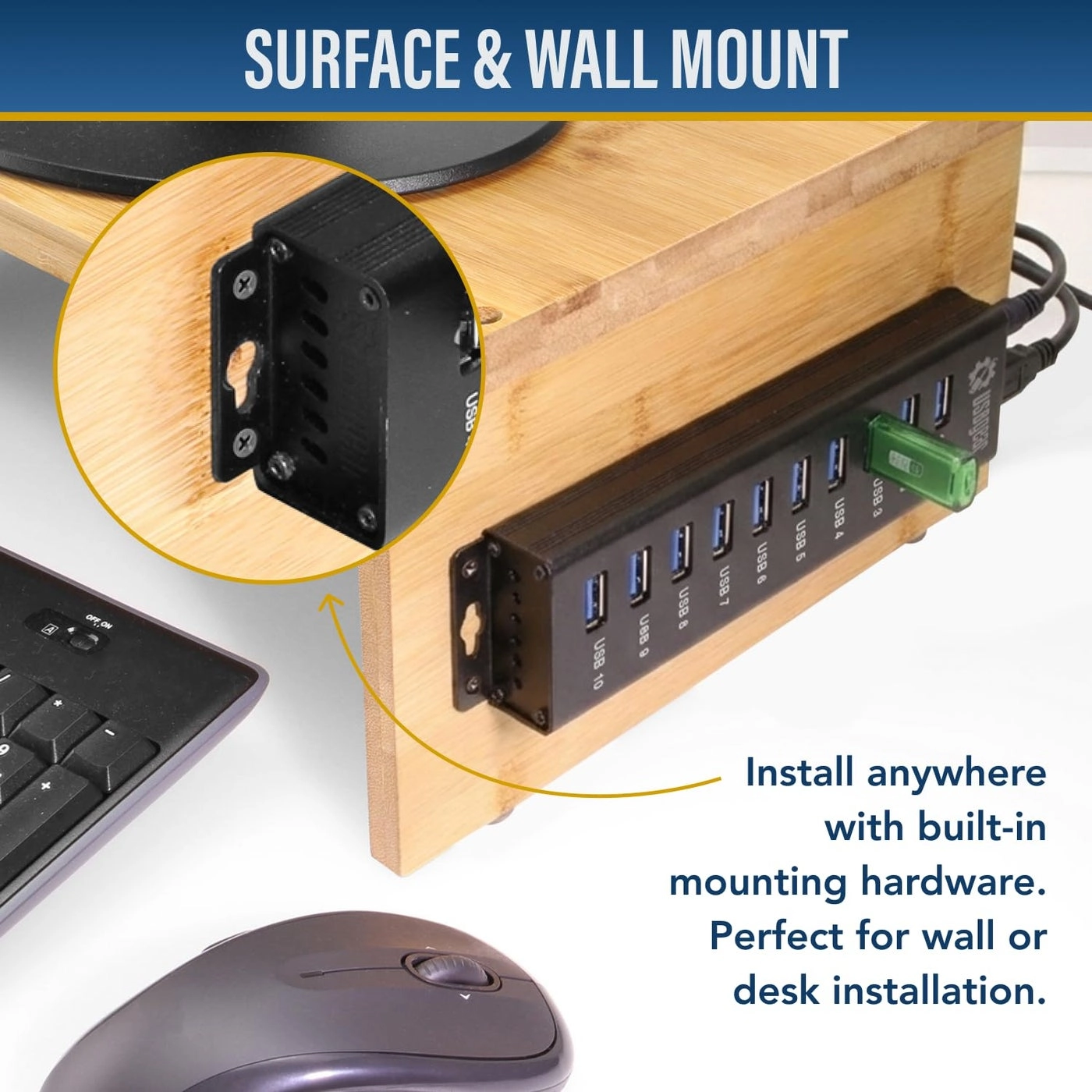 USB 3.2 Gen 1 Mountable Charging and SuperSpeed Data Hub - 10-Port Up to 900mA per Port
