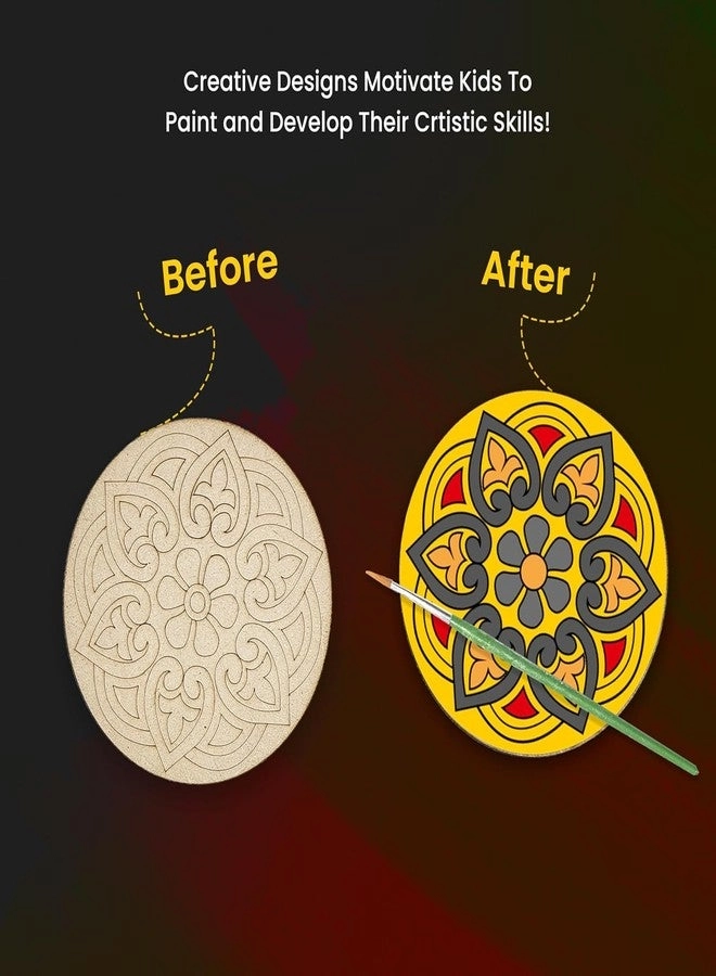 Wooden Mandala Art + Coasters - 6 + Watercolors - 10 + Stand + Palette + Brush