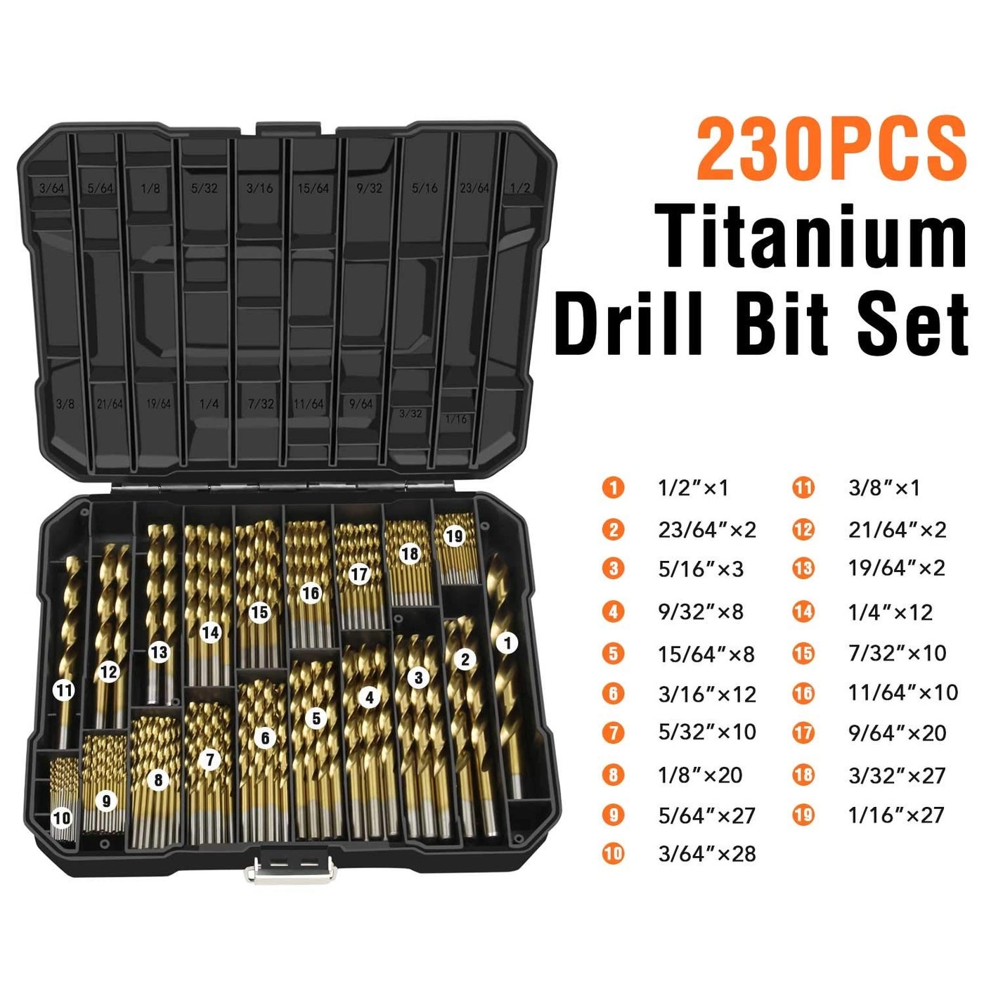 Drill Bit Kit - Titanium 230-Piece 3/64inch up to 1/2 Inch