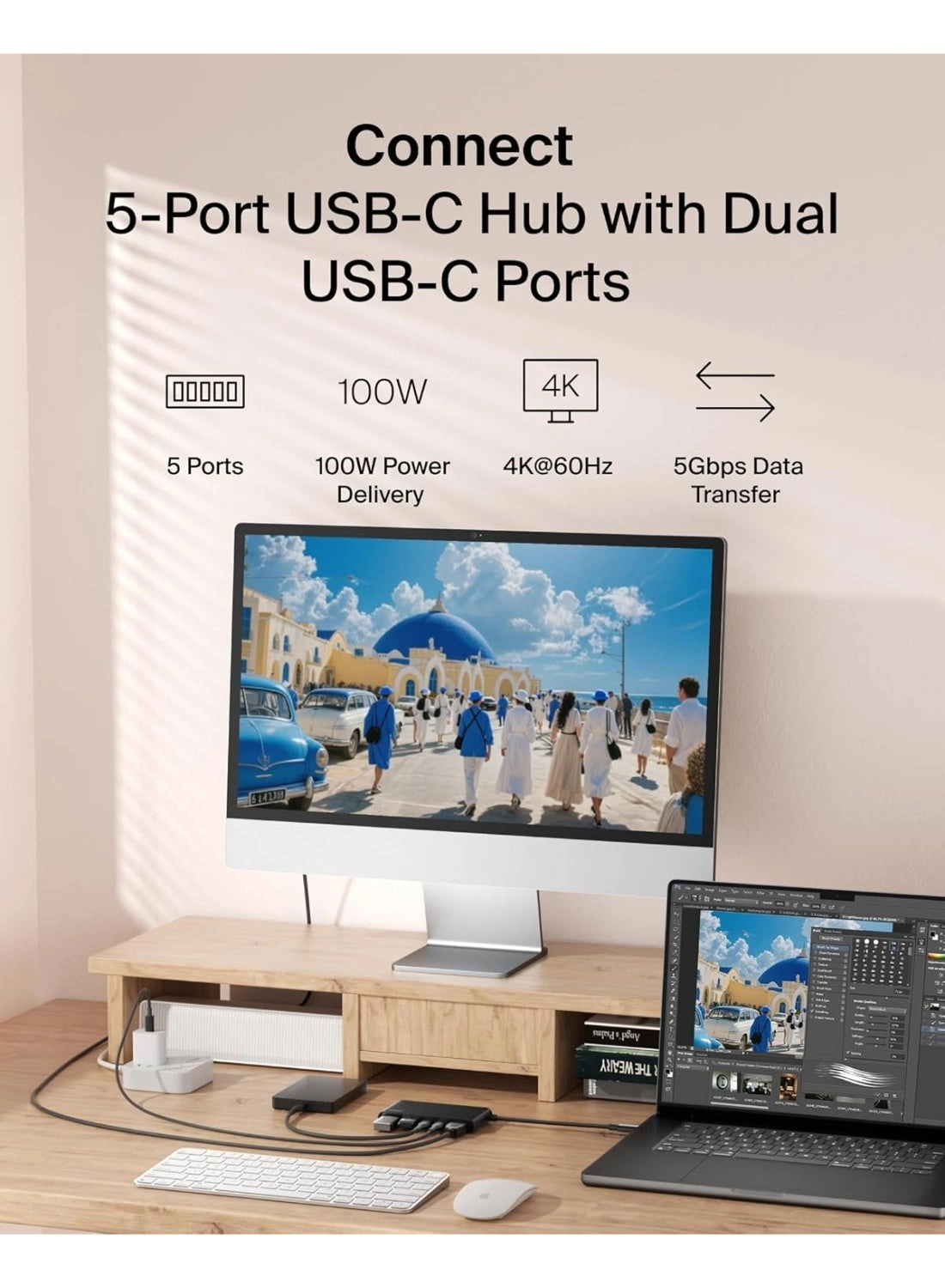 5-In-1 USB-C Multiport Hub Adapter - 4K 60Hz 100W PD