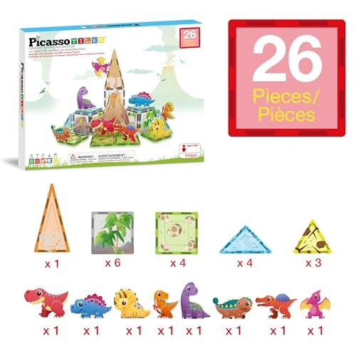 Magnet Tile Building Blocks - 8 Animal Character Action Figures Dinosaur World Themed 26 pcs