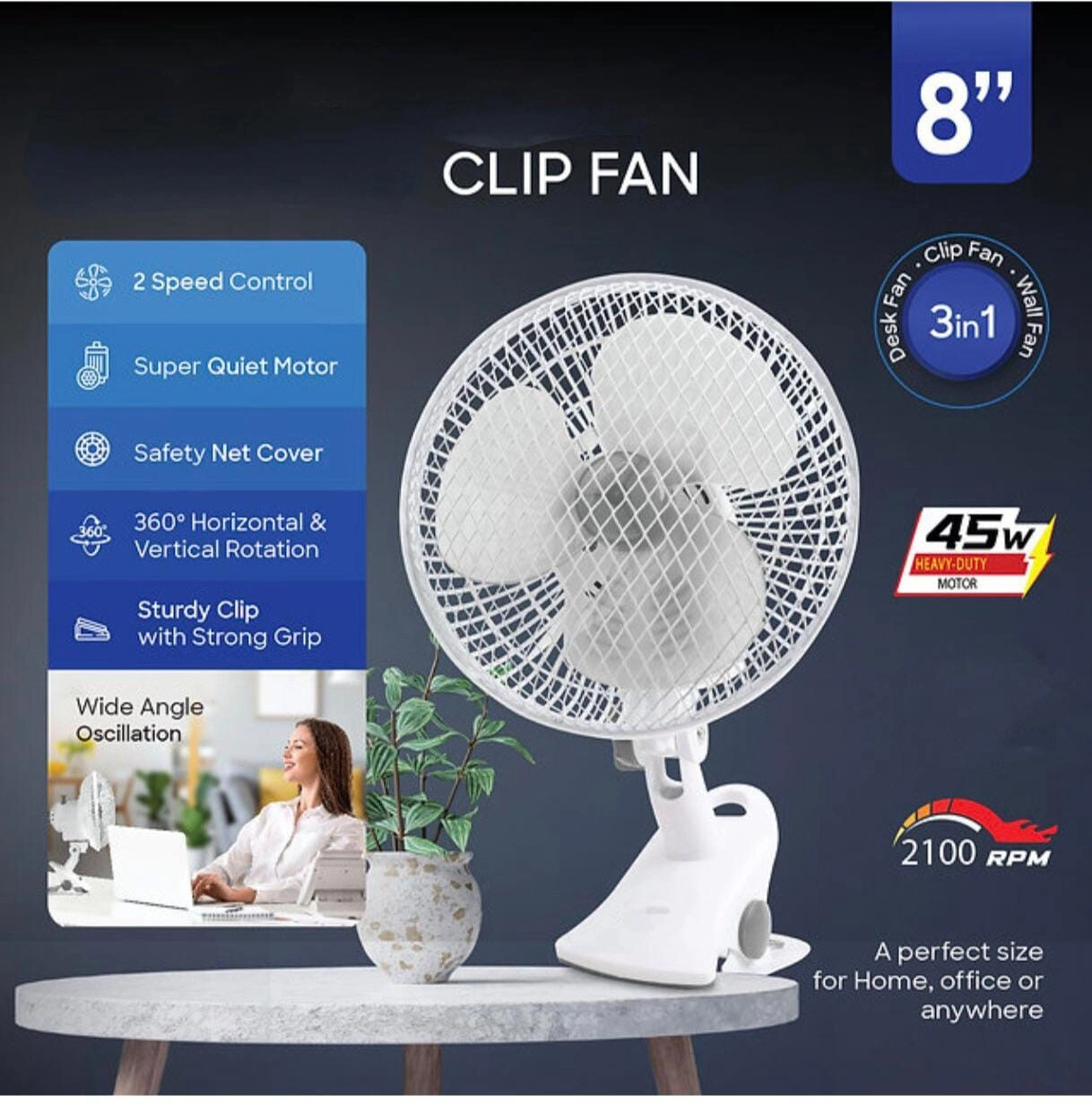 3 in 1 Clip Fan - Clip Desk Wall