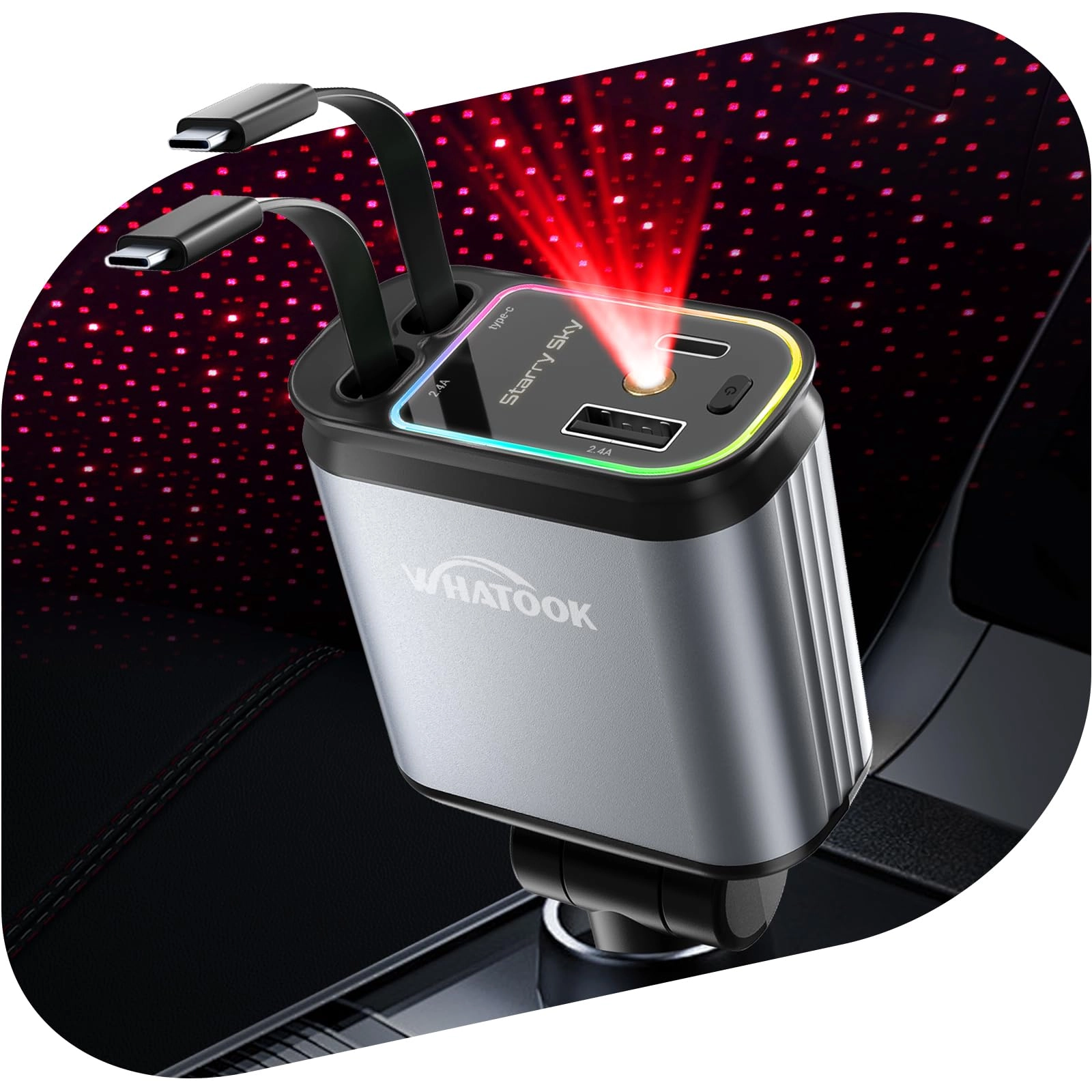 WHATOOK USB C Retractable Car Charger - 66W 4-in-1 Starry Sky LED