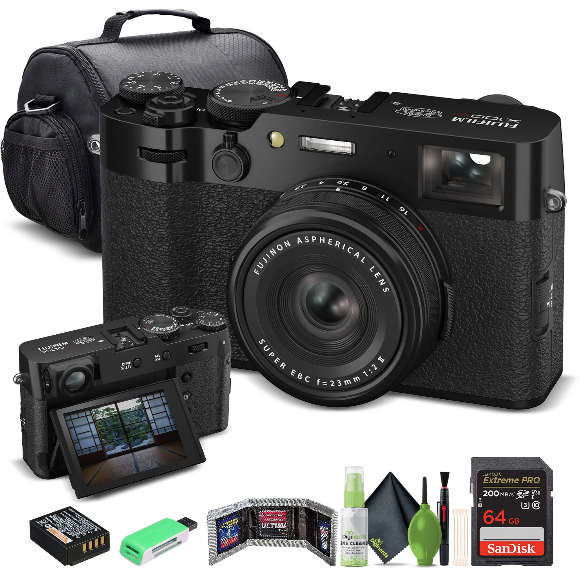 Fujifilm X100VI + 64GB Card + Memory Card Reader + NP-W126 Replacement Battery + External Charger + Corel Photo Software + Luxury Soft Case + 12" Flexible Tripod + Memory Card Wallet + Cleaning Kit + Lens Cap Protector