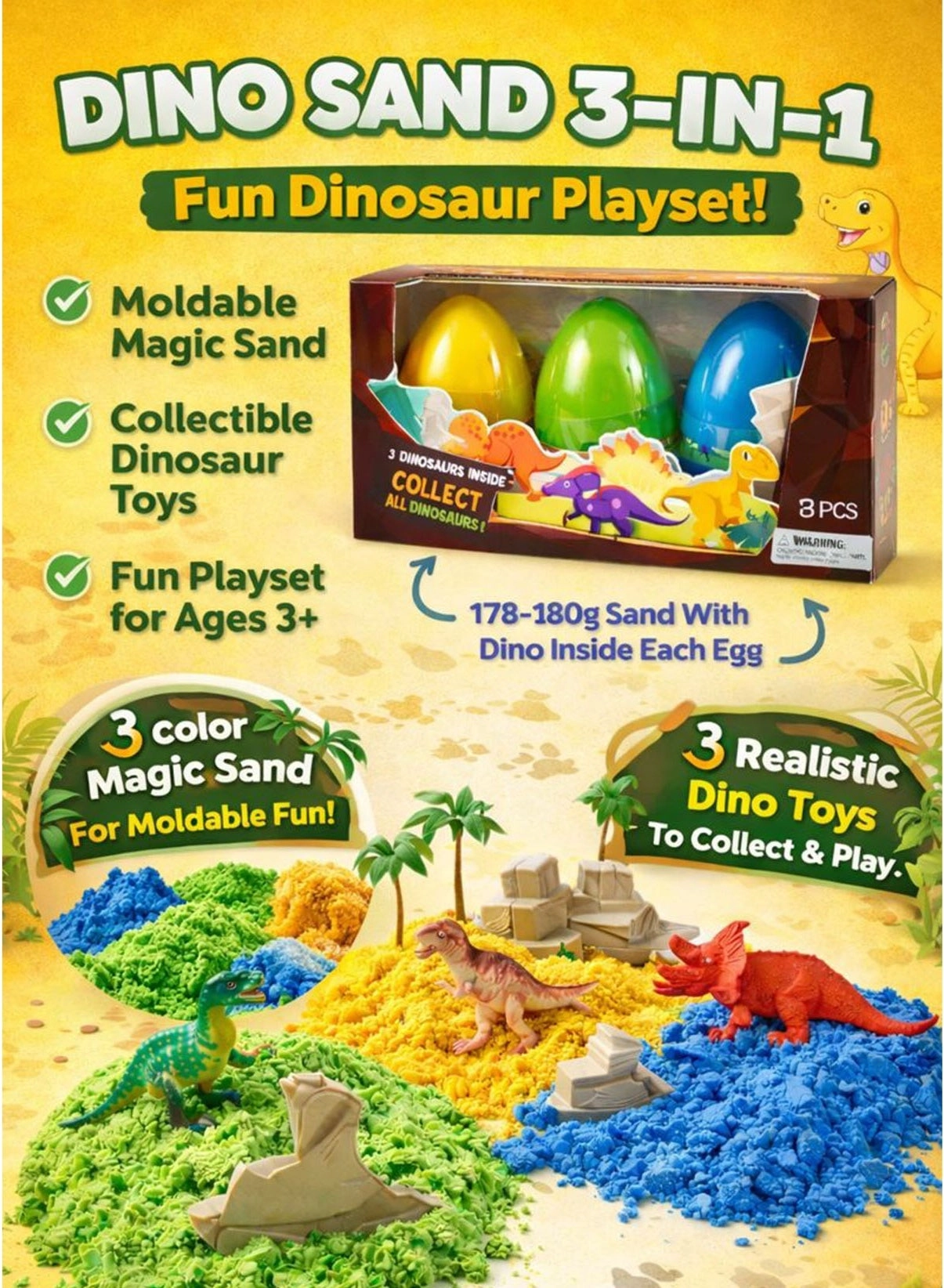 3-in-1 Dino Sand Game Moving Sand - 3 Dinosaur Egg Pots 178-180g