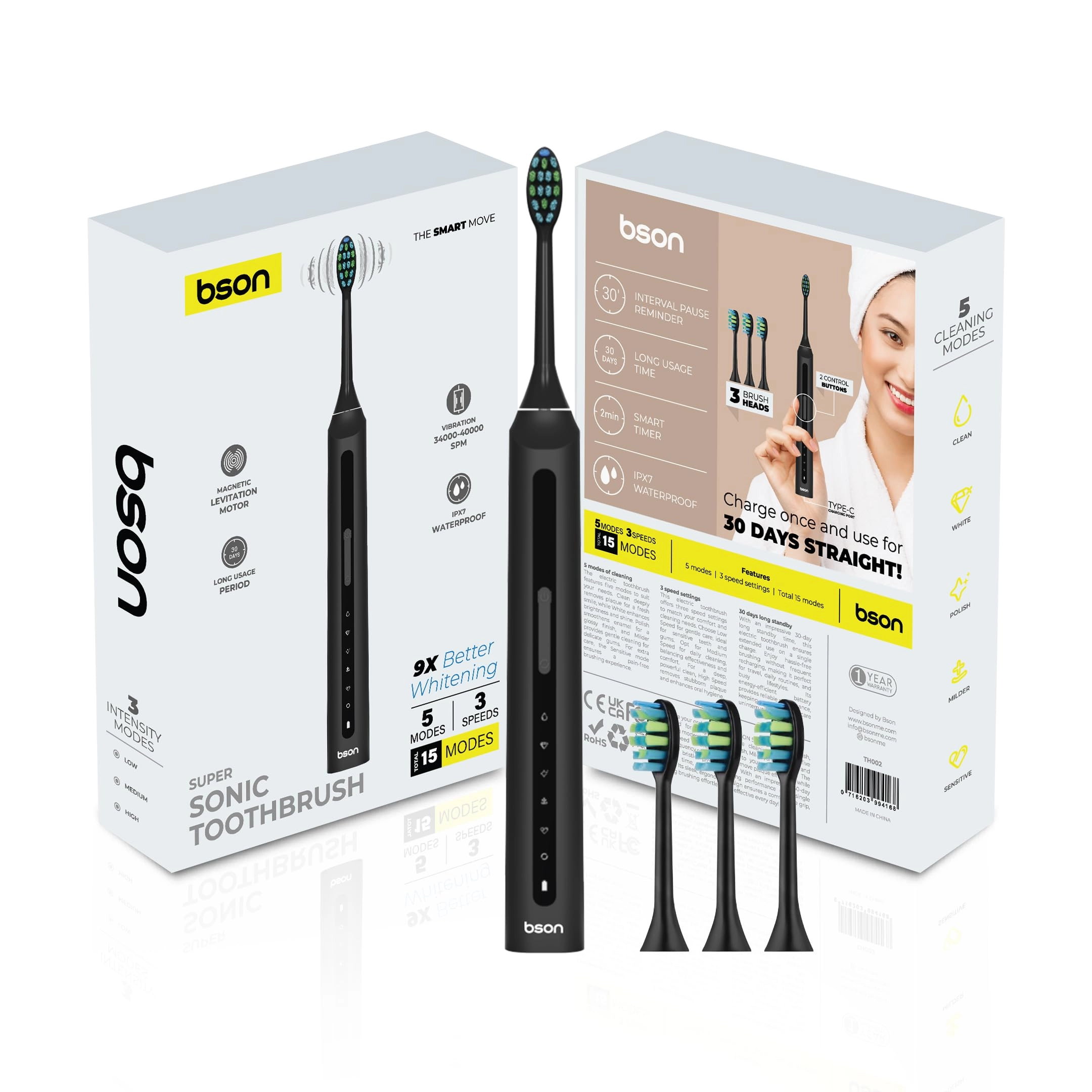 Super Sonic Toothbrush - 9X Whitening 30-Day Battery 40,000 SPM