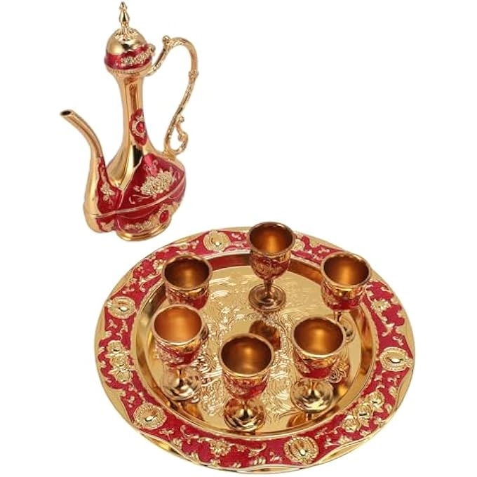Turkish Coffee Pot - Metal + Coffee Cups - 6 + Tea Tray
