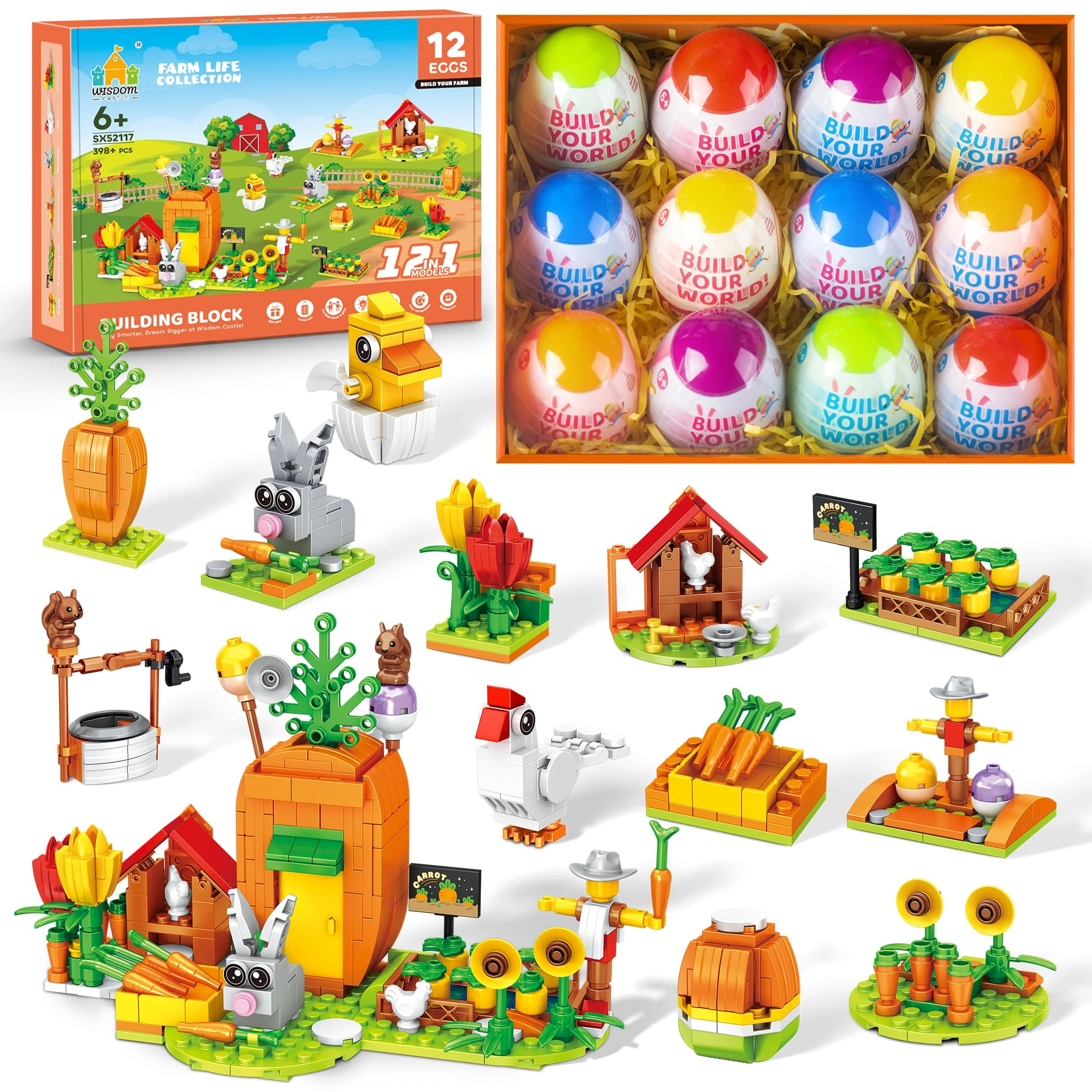 Wisdom Castle Farm Style Building Block Set - Bunny Carrot Hen Flower 398 pcs
