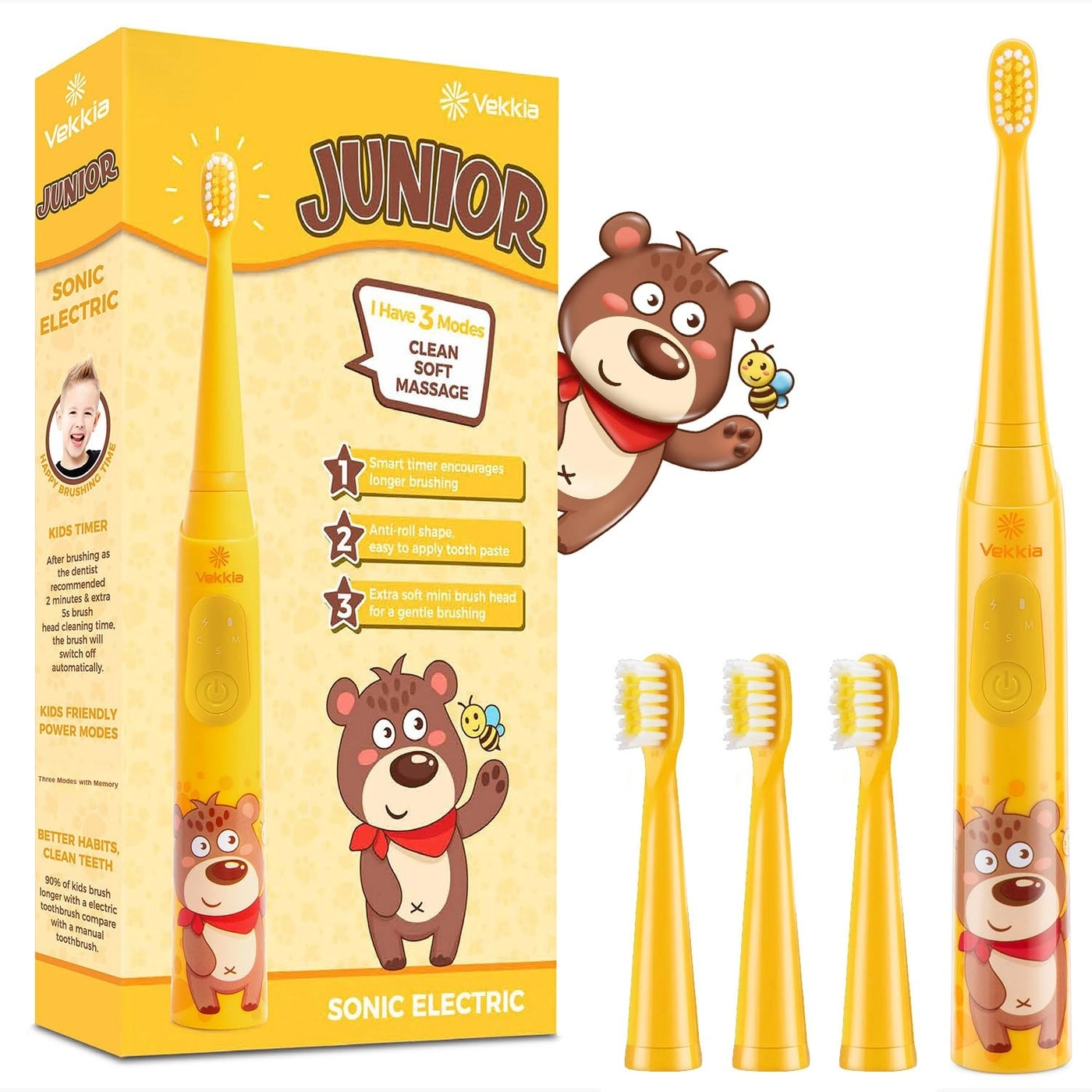 Sonic Rechargeable Kids Electric Toothbrush - 3 Modes 24000 Strokes IPX7 Waterproof