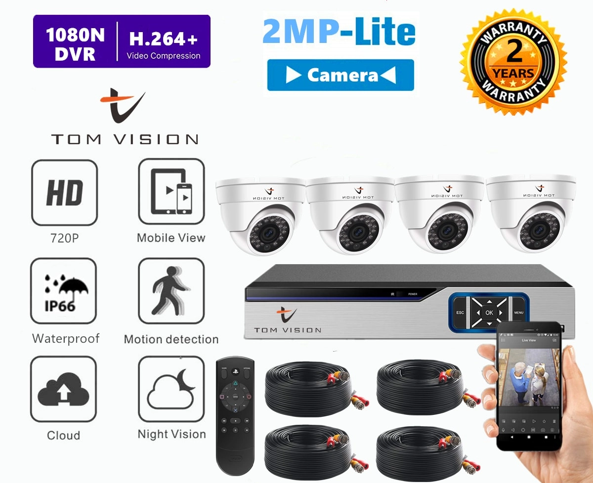 TOMVISION 2Megapixels 4Channel Home Security Camera System - 4Pcs 720p