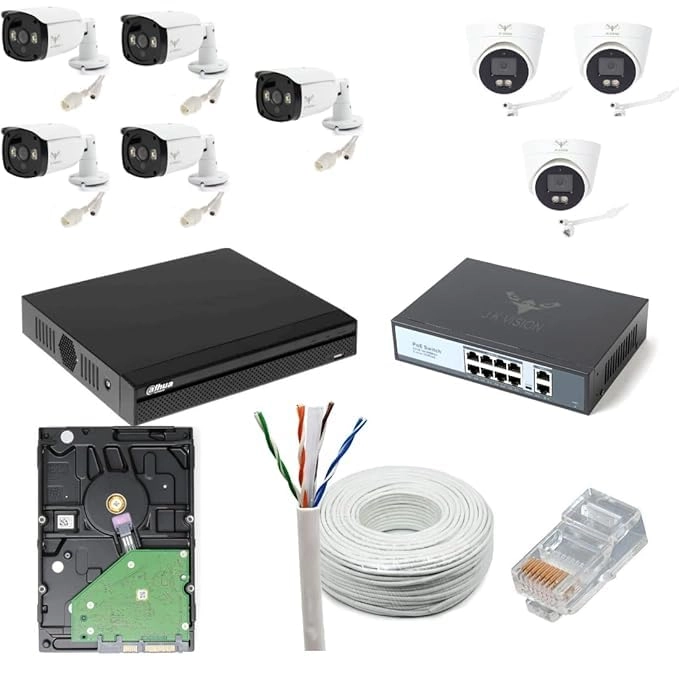JK Vision 4MP IP Bullet Camera - 4MP 5 + 4MP IP Dome Camera - 3 + 8 Channel NVR + 8 Port POE Switch + 2TB Hard Disk + Cat6 Cable - 100 Meter + RJ45 Connector - 16