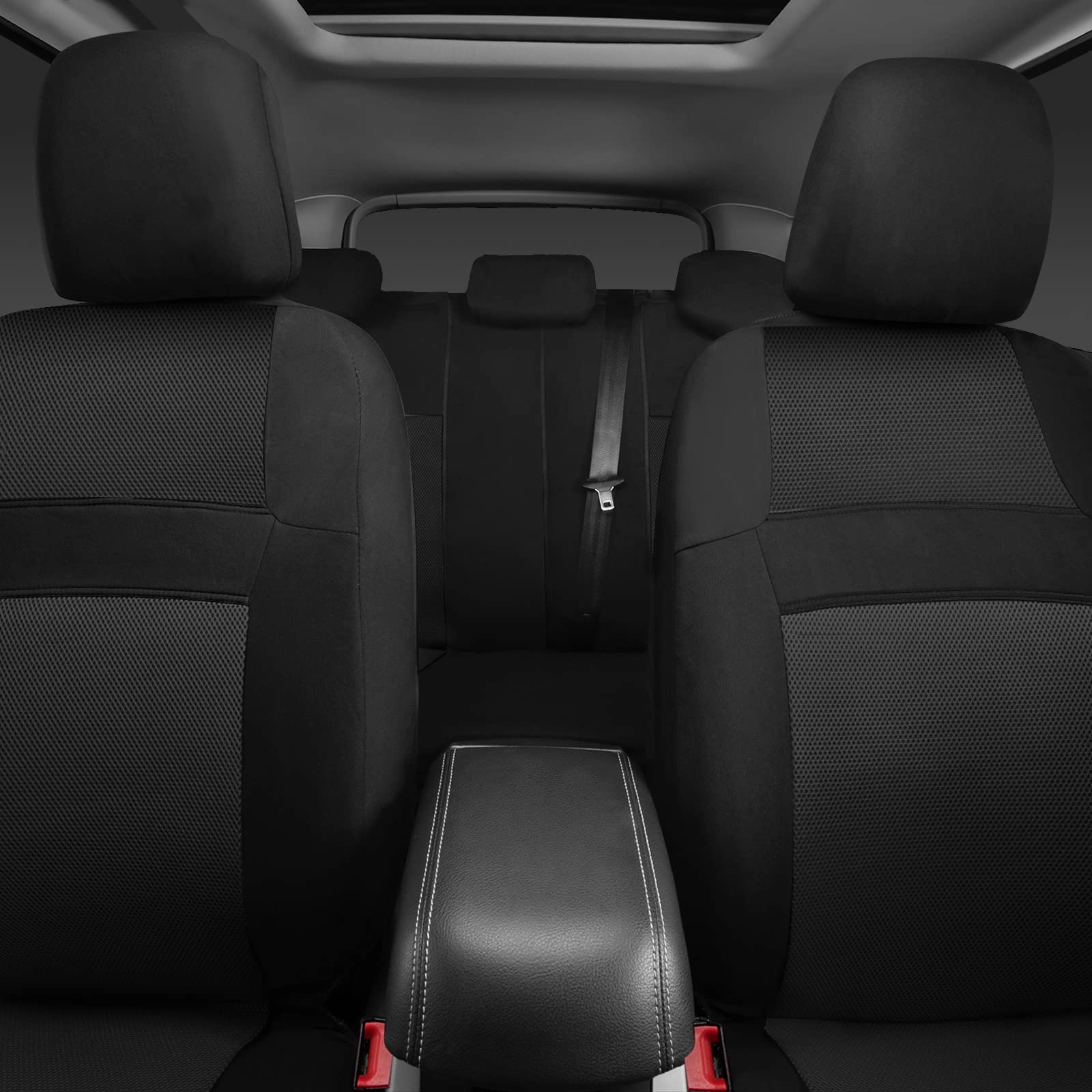 Car Seat Covers - Air Mesh Leather + Car Floor Mats - Waterproof + Steering Wheel Cover - Sporty