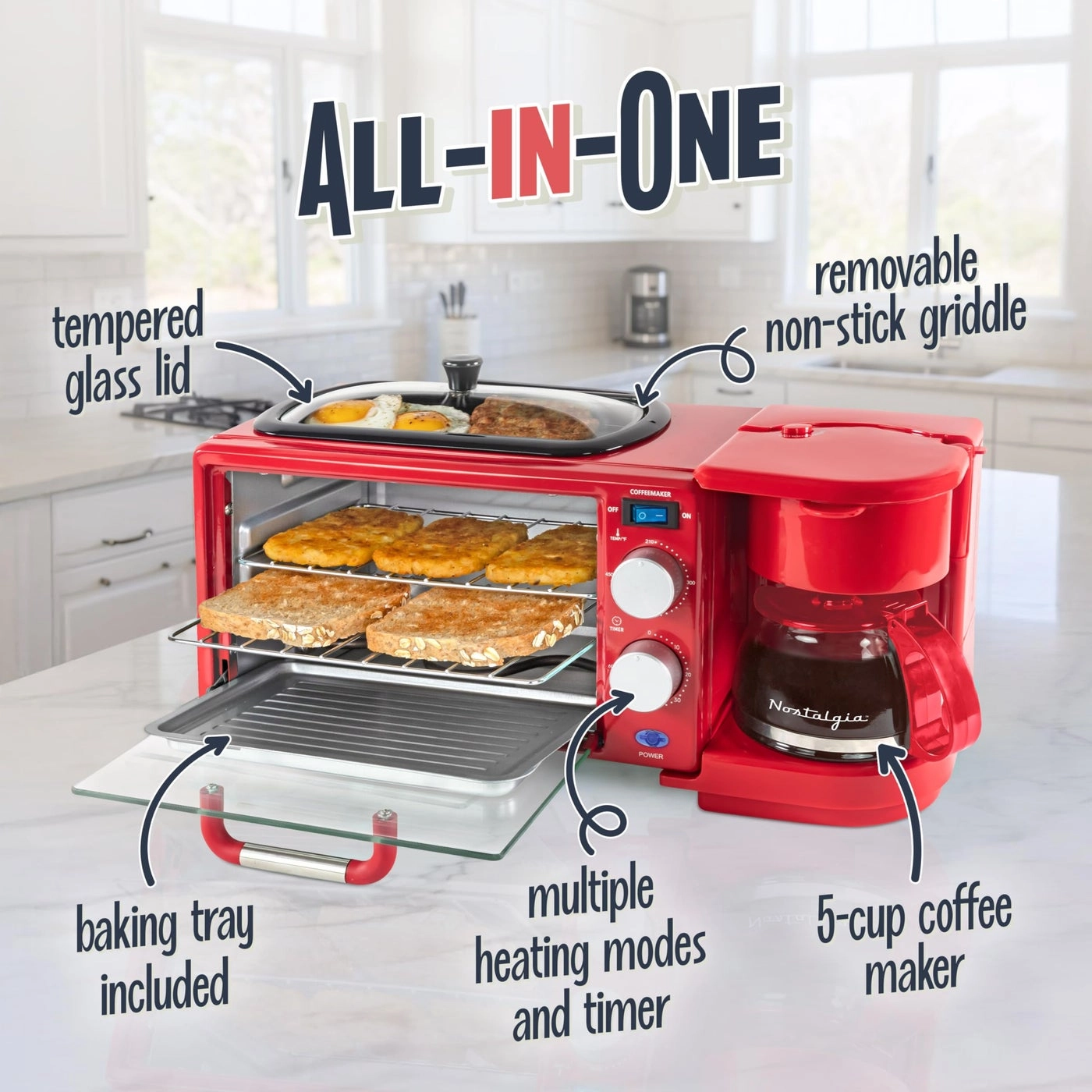 3-in-1 Retro Breakfast Station - 5 Cups Non-Stick Ceramic Griddle 4-Slice Toaster Oven