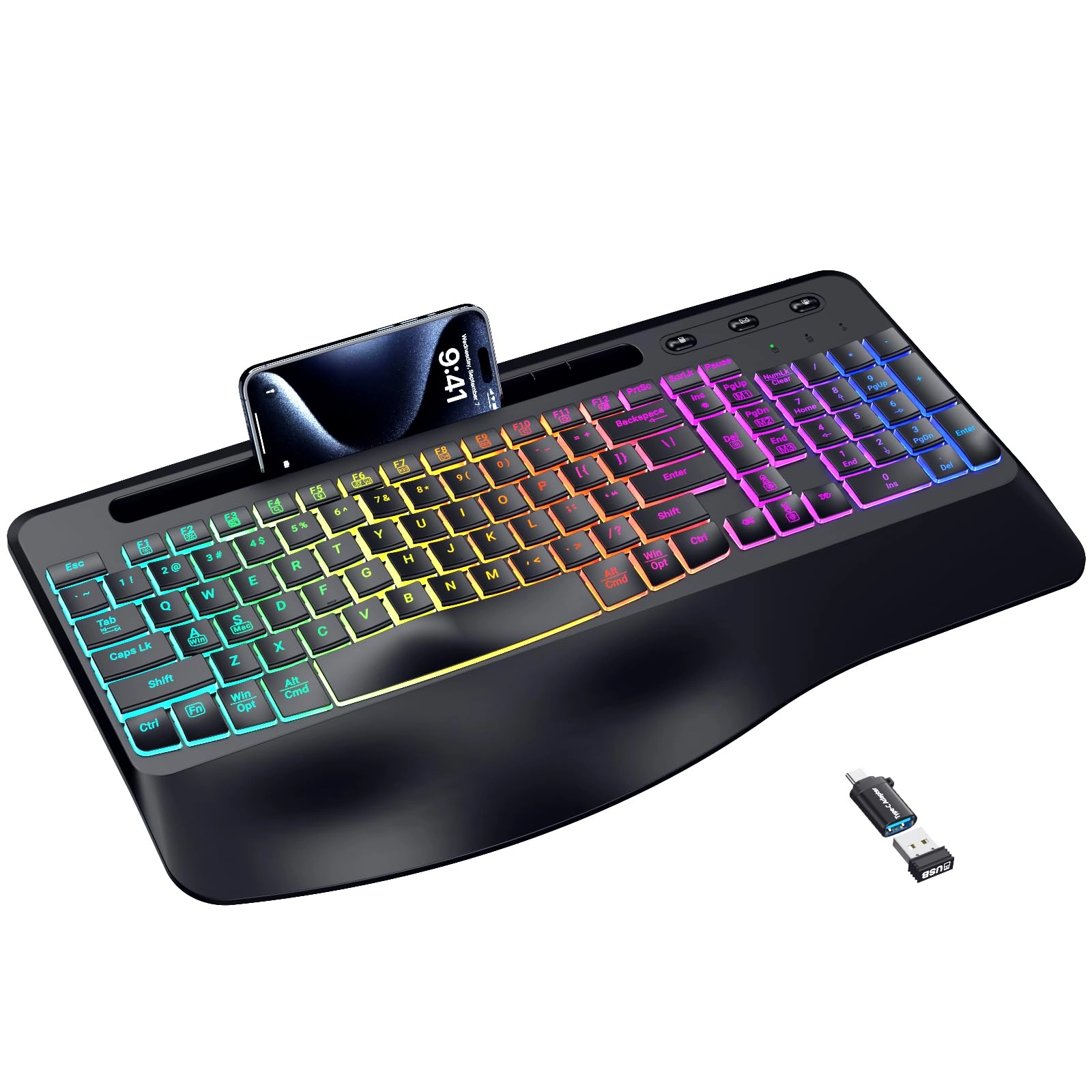 VEILZOR Wireless Keyboard with Wrist Rest, 2.4G Wireless Ergonomic Keyboard, 7-Color & 3 RGB Backlit Modes, Phone/Tablet Holder, Rechargeable Computer Keyboard for Windows, Mac, Computer, PC