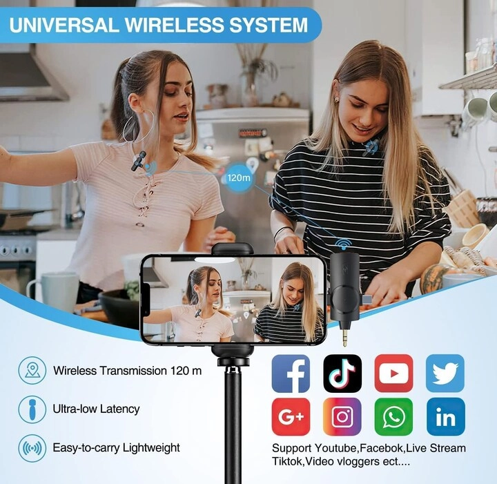 Wireless Lavalier Microphone Wireless Microphone - Plug & Play Noise Cancellation 7H Battery
