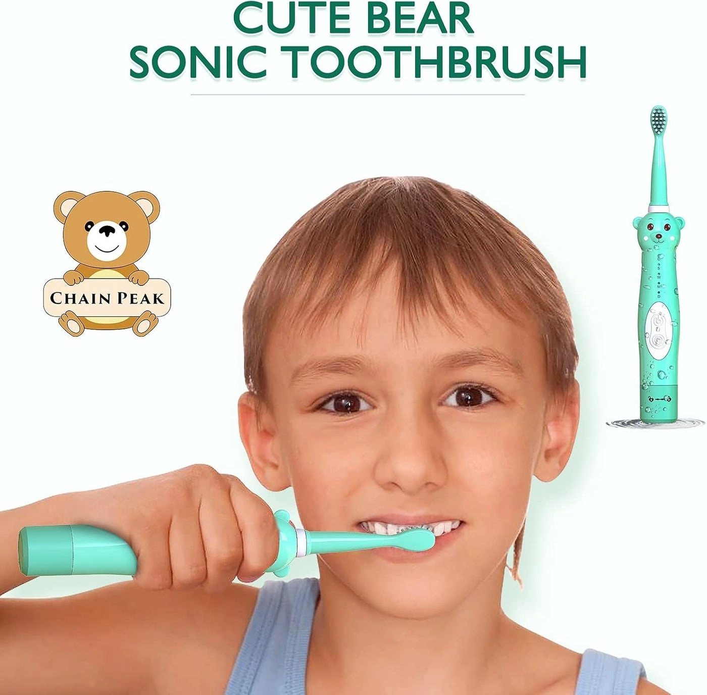 Kids Sonic Electric Toothbrush - Cute Bear 4 Brush Heads 2 Min Timer