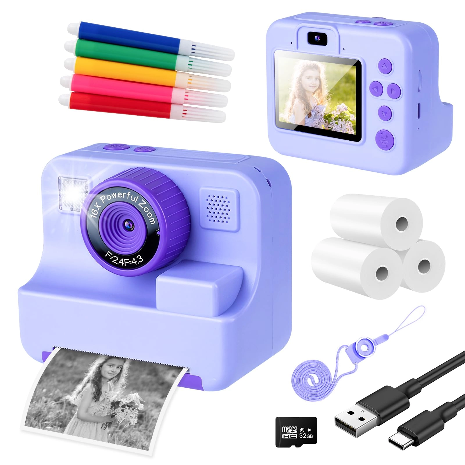 SUKILO Kids Instant Print Camera - 1080P 32GB 2.4" Screen