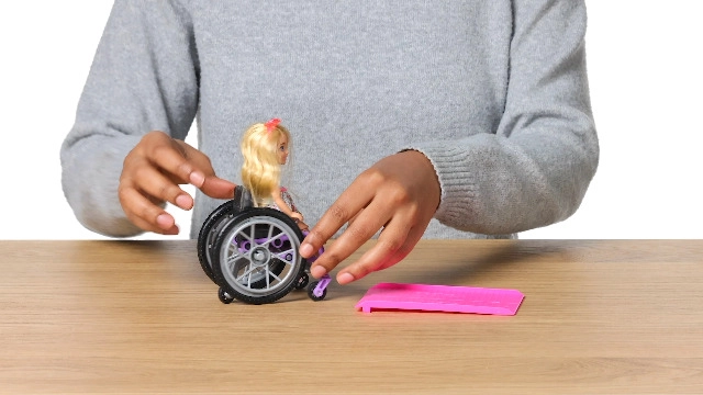 Chelsea Doll - Blonde Skirt Sunglasses + Wheelchair - Rolling Wheels + Ramp + Sticker Sheet Ages 3+