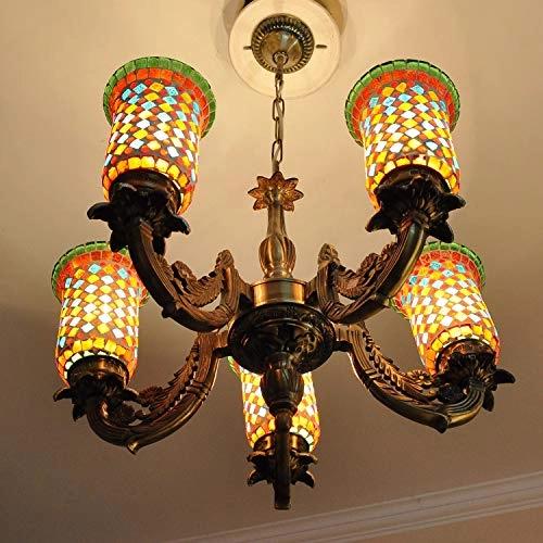 Indian Mosaic Glass 5 Lights Chandelier - Multi-colored Brass 28 x 22 Inch