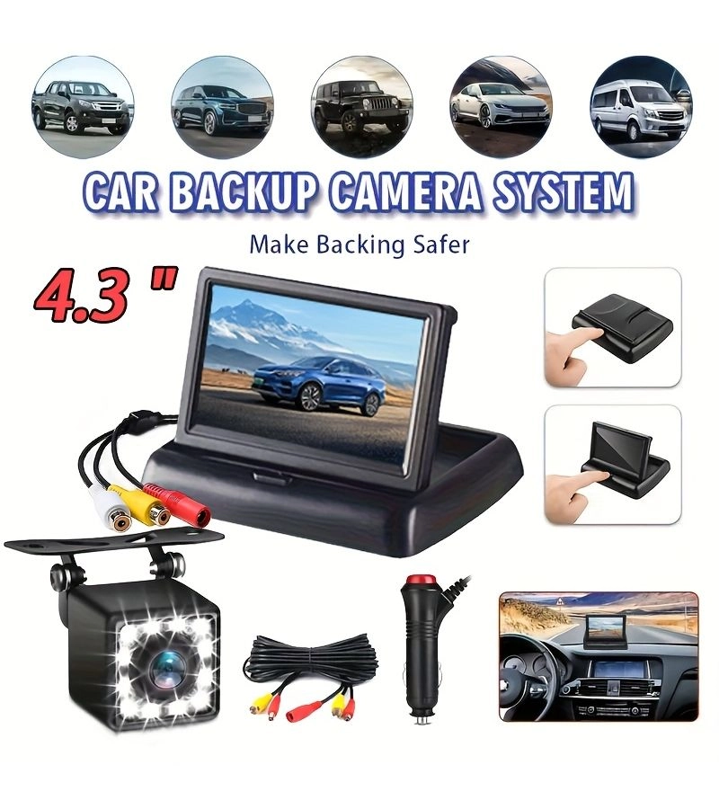 Generic Folding Screen - 4.3-Inch Foldable + 4-Light Camera - 480P 12 LED Night Vision + 275.59 Inch Wire-Free Cable + Lighter - Plug-and-Play Car Lighter Power