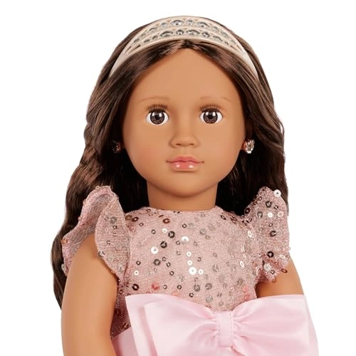 Arya Collectible Doll - 18-inch Plastic Fabric Dark-brown Eyes Wavy Dark-brown Hair Pink Gown Jewelry Accessories Ages 3+